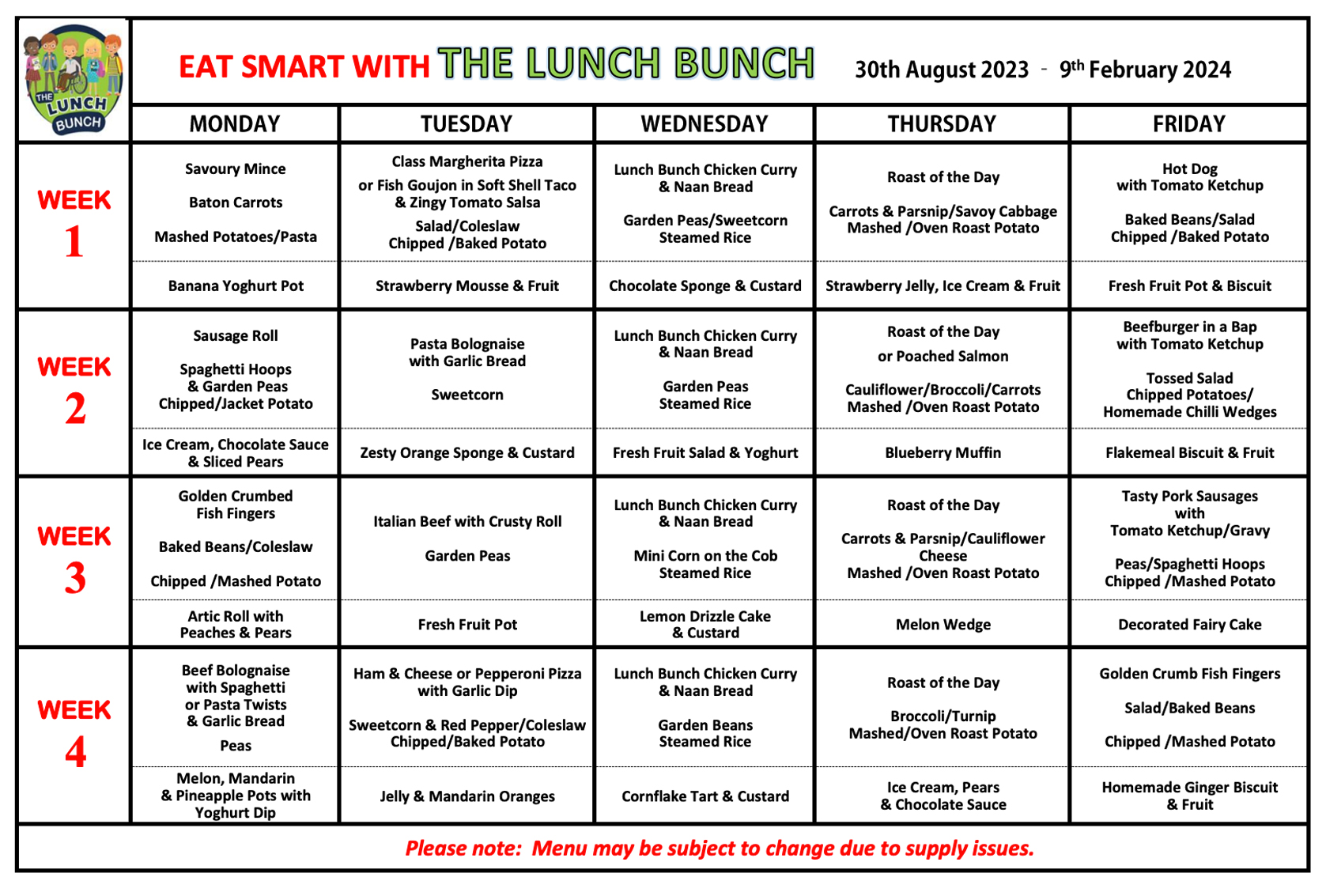 Canteen Menu - Ballyclare Primary School